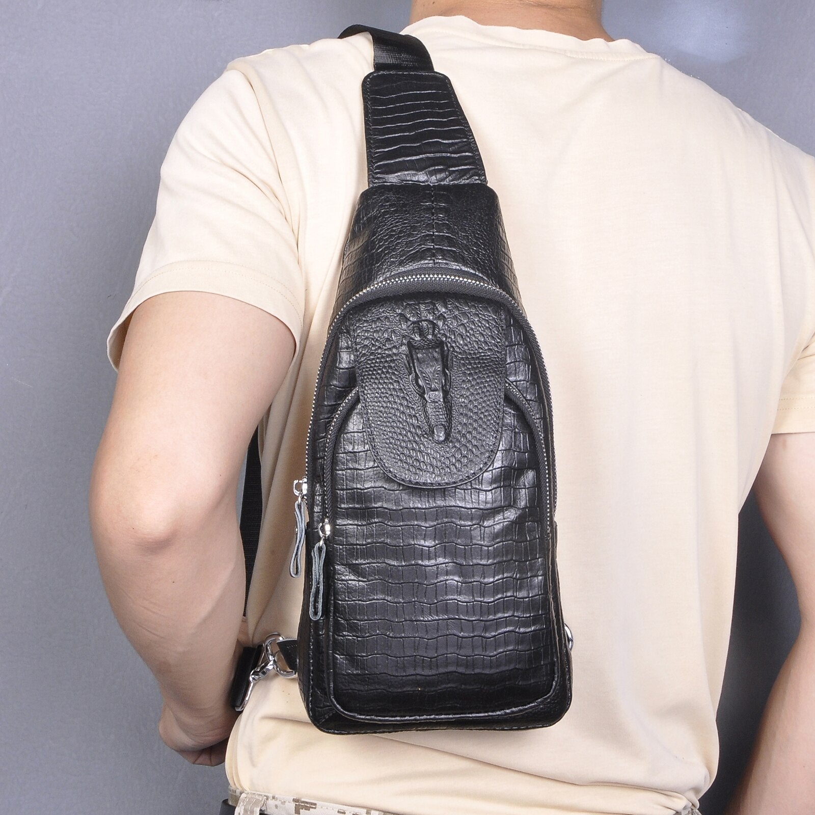 Men's Original Leather Retro Blue Triangle Chest Sling Bag 8" Tablet Design One