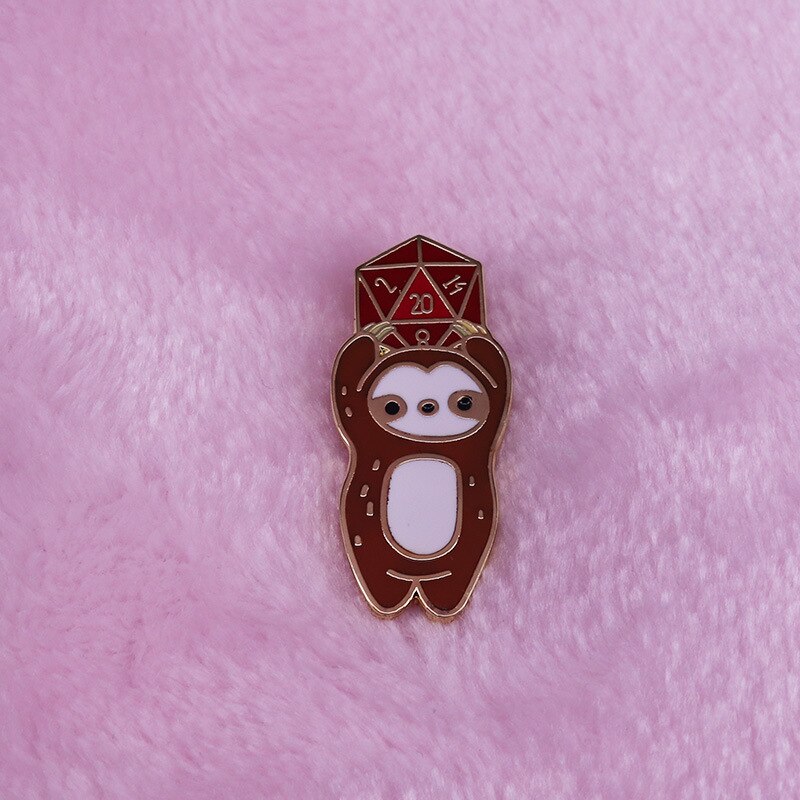Cute cartoon game brooch mage sloth and 20-sided dice badge