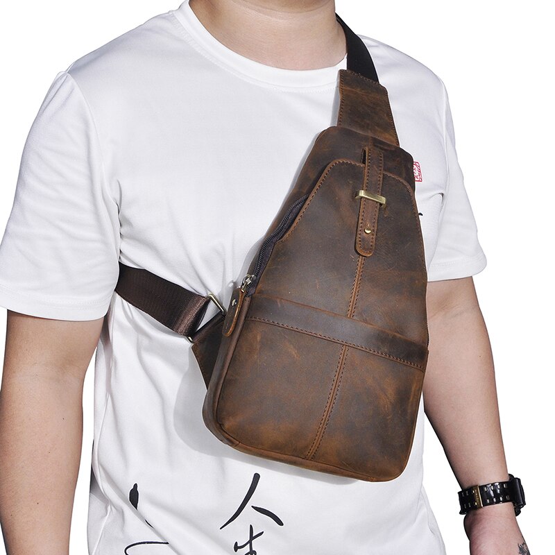 Hot Sale Men Original Leather Casual Fashion Wine Triangle Chest Sling Bag 8" Tablet Design One Shoulder Cross body Bag Male 196