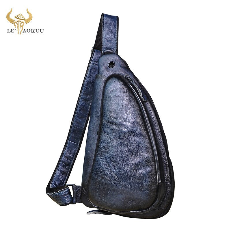 Men Natural Real Leather Casual Fashion Coffee Travel Triangle Chest Sling Bag Design One Shoulder Cross-body Bag For Male 9976