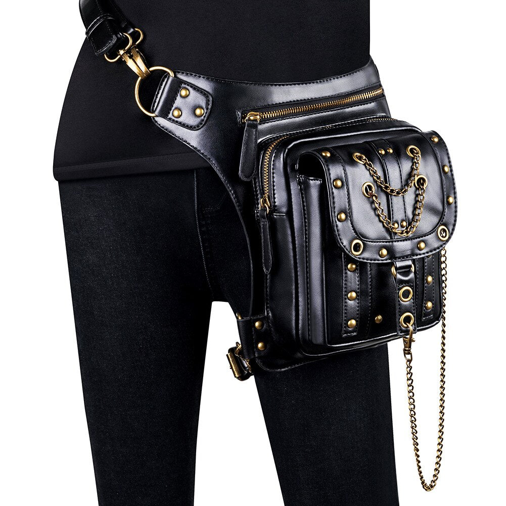 Lady Pockets Retro Messenger Bag Punk Vintage Steampunk Crossbody Women Shoulder Waistbag Men Hombre Skull Rivet Travel Leg Bags