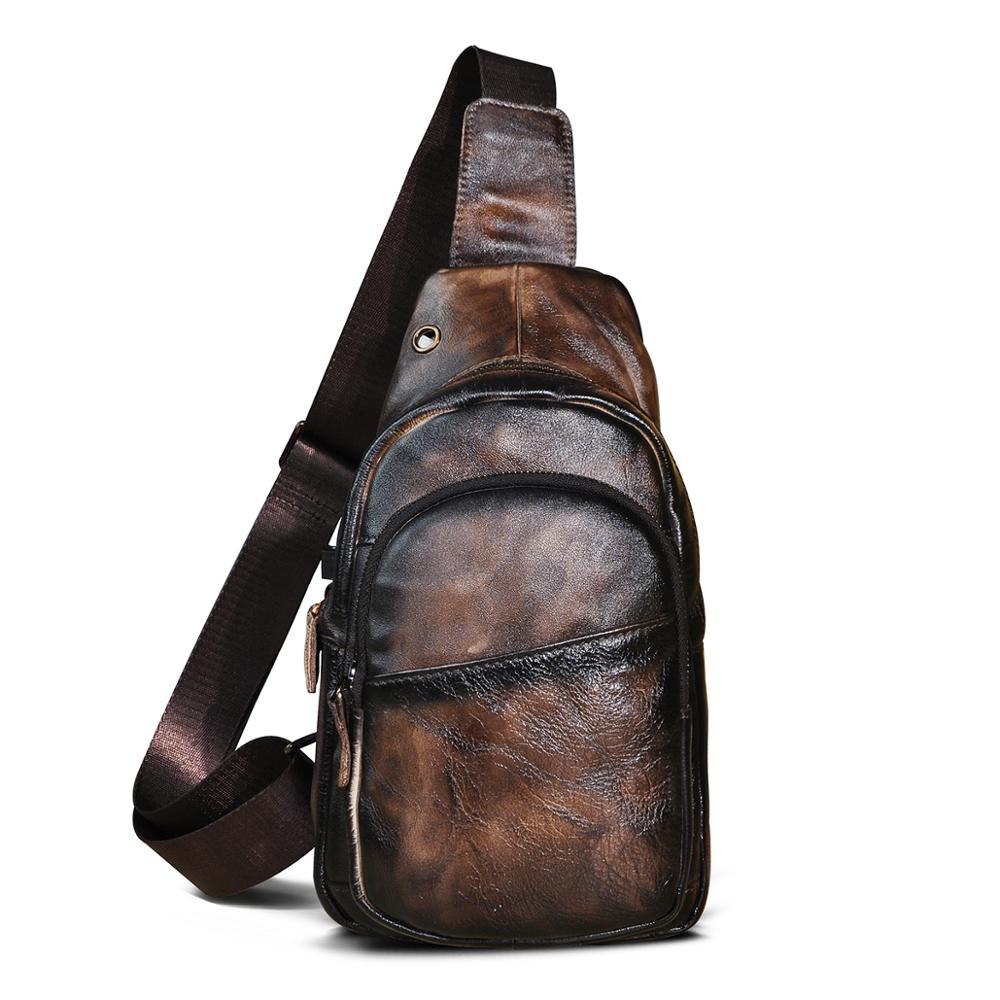 Men Genuine Leather Coffee Vintage Triangle Chest Bag Sling Bag Design Daypack One Shoulder Bag Fashion Cross-body Bag Male 008