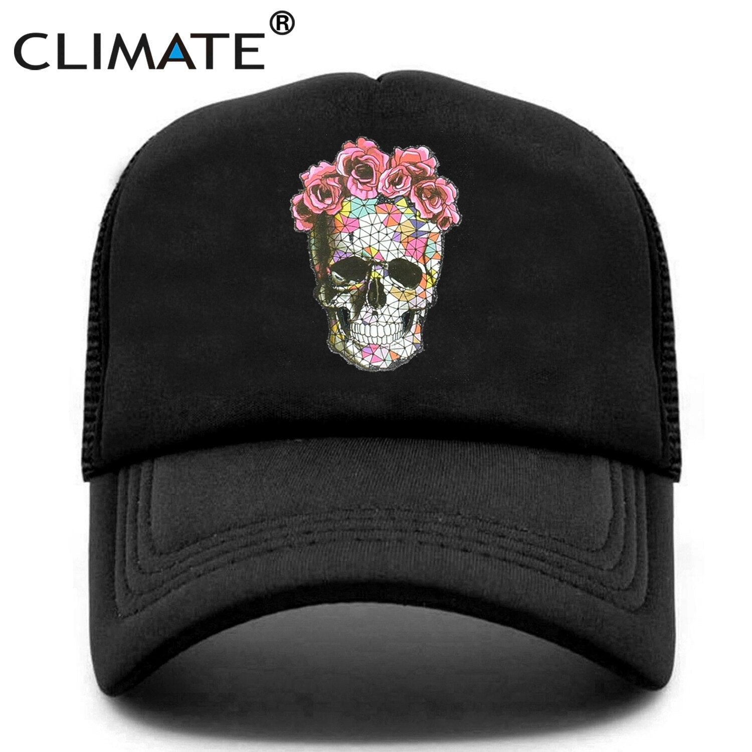 CLIMATE Flower Skeleton Trucker Cap Cool Men Skull Bone Flower Cap HipHop Caps Summer Bloodcurdling Black Mesh Cap Hat for Men