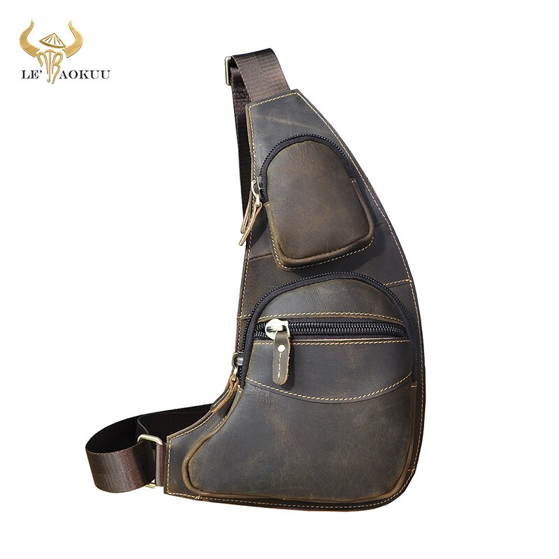 New Men Crazy Horse Leather Casual Fashion Triangle Chest Sling Bag 7" Travel Design One Shoulder Bag Cross body Bag Male 2021