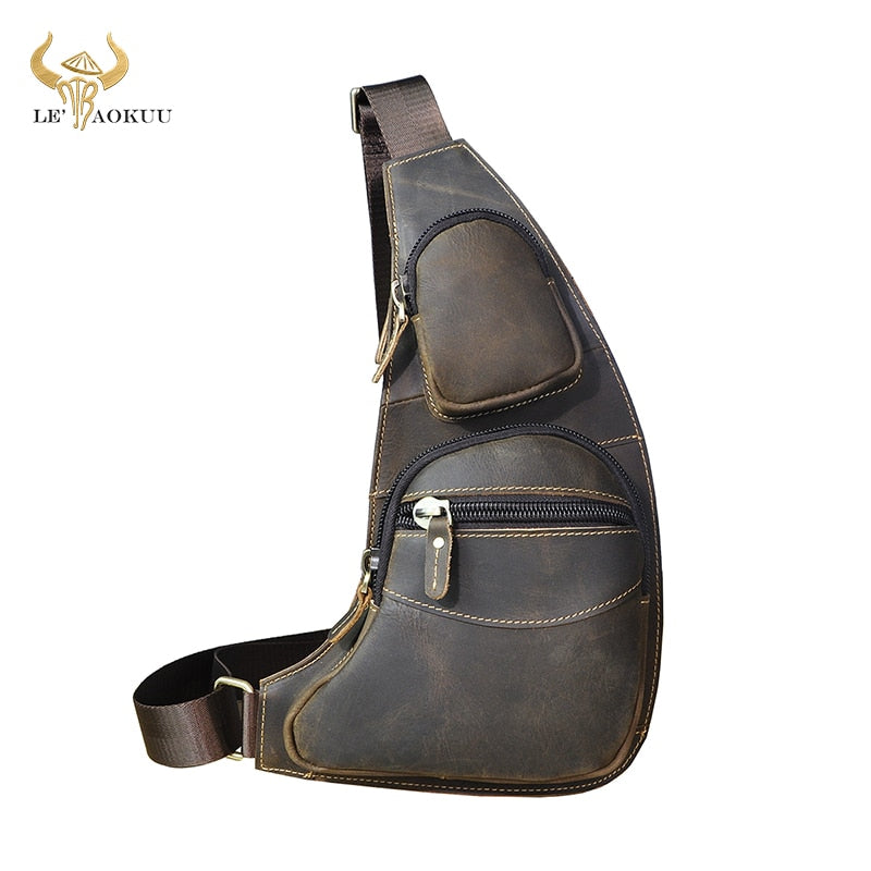 Men Leather Casual Fashion Triangle Chest Sling Bag 7" Tablet Coffee Travel Design One Shoulder Bag Cross body Bag Male 2021