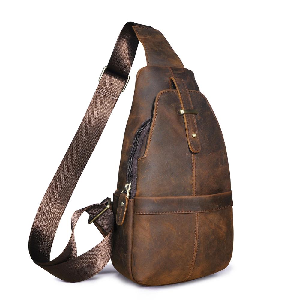 Hot Sale Men Original Leather Casual Fashion Wine Triangle Chest Sling Bag 8" Tablet Design One Shoulder Cross body Bag Male 196