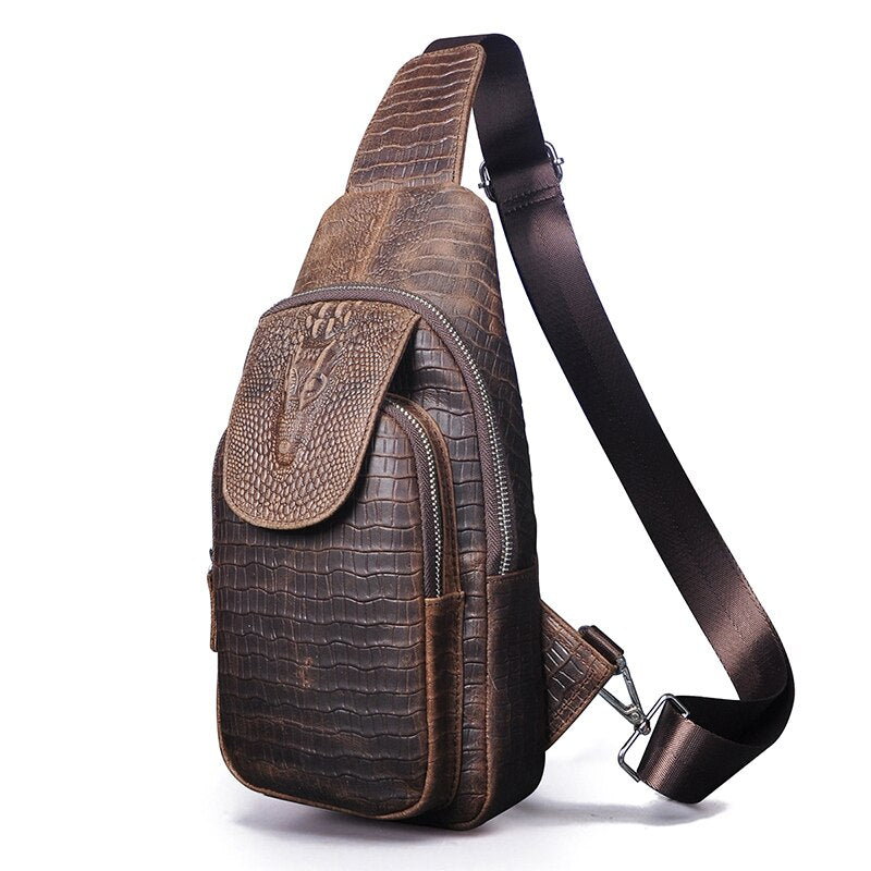 Men Natural Real Leather Retro Coffee Triangle Chest Sling Bag 8" Tablet Design