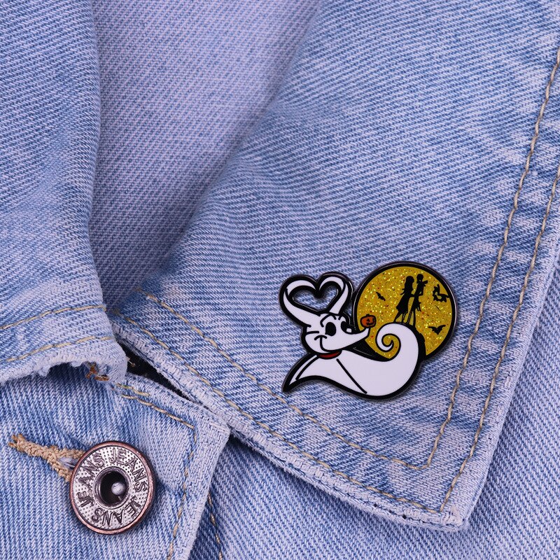 Christmas Nightmare Dog and Glittering Moon Brooch Skull Cartoon Fantasy Love Badge