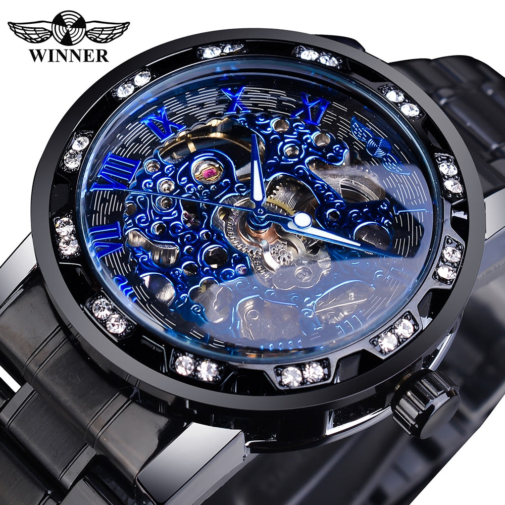 Winner Transparent Diamond Mechanical Watch Blue Stainless Steel Skeleton Watch