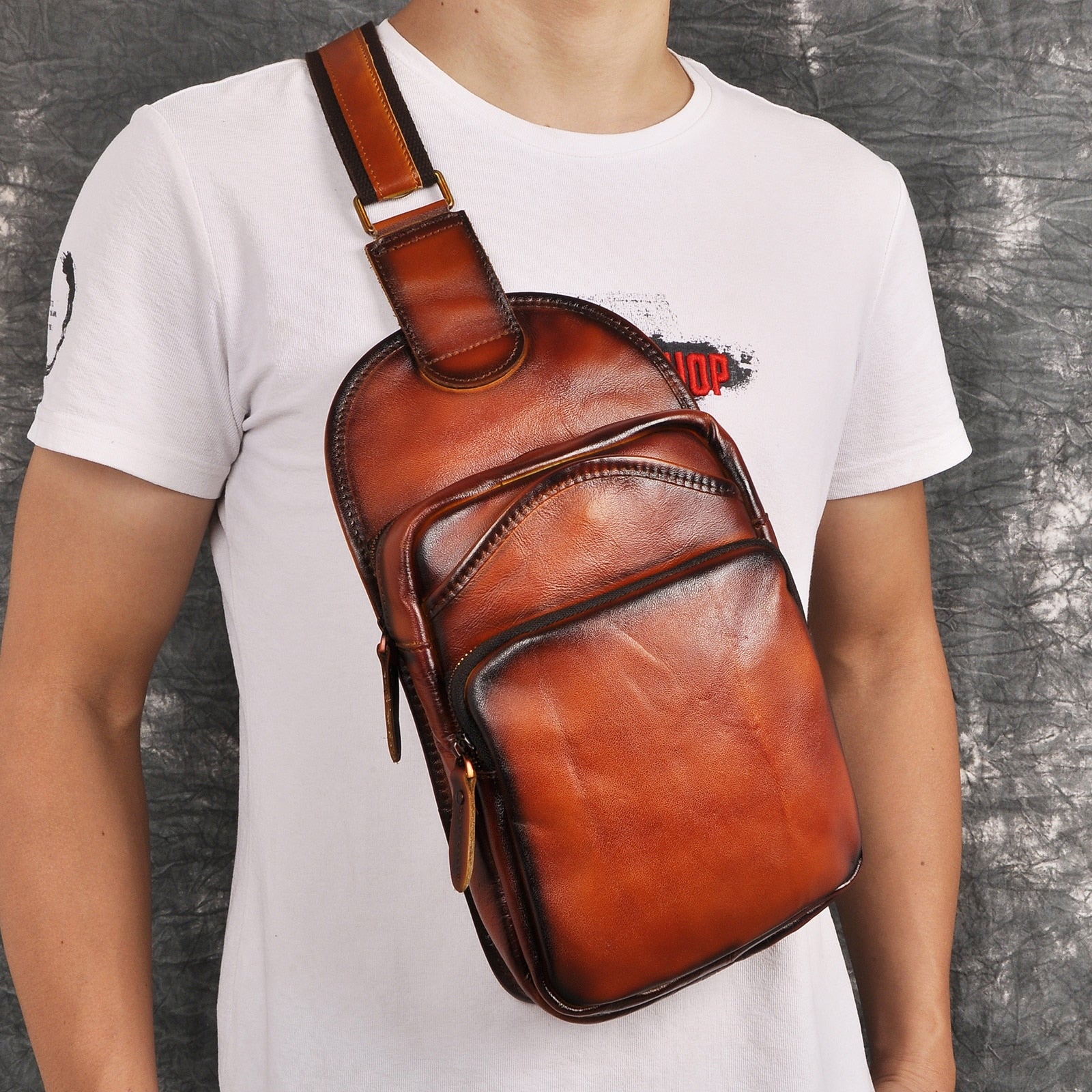 Le'aokuu Men Crazy Horse Leather Casual Vintage Fashion Blue Chest Sling Bag Design One Shoulder Crossbody Bag For Male 9977