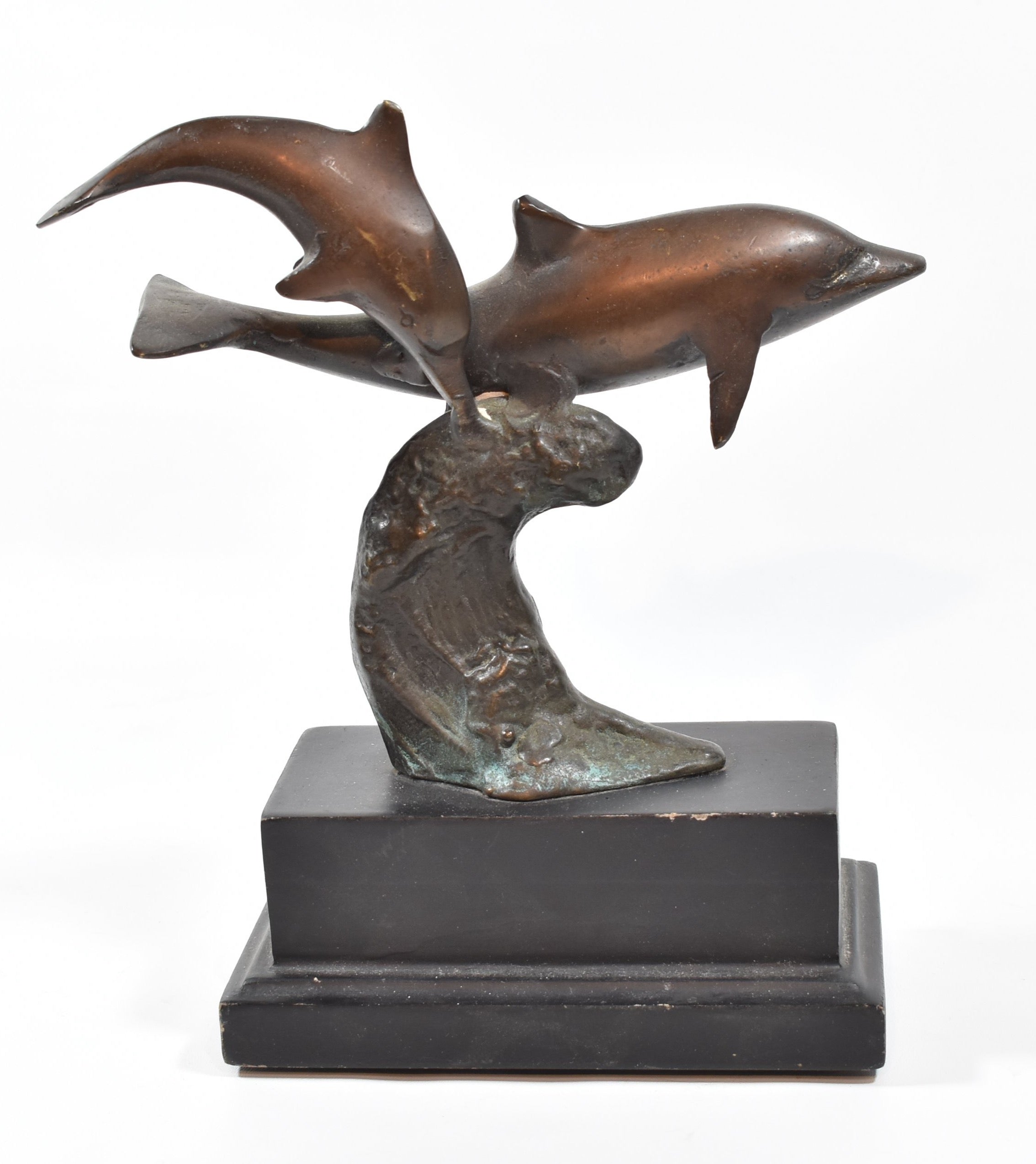 Brass Dolphin Statue Used Dolphins on black pedestal