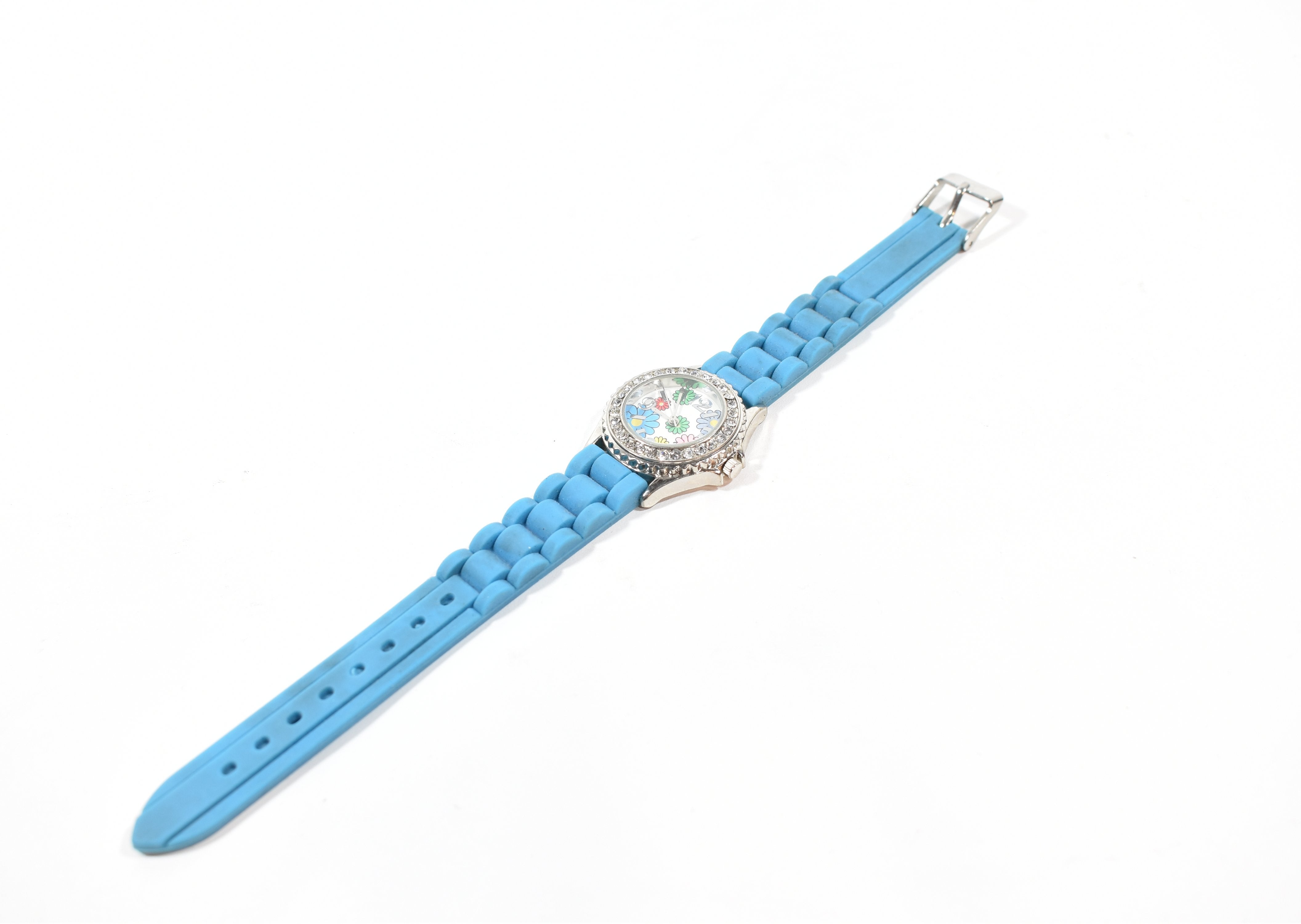 Flower Silver Watch Blue strap used 9 inch total length Stainless Steel back