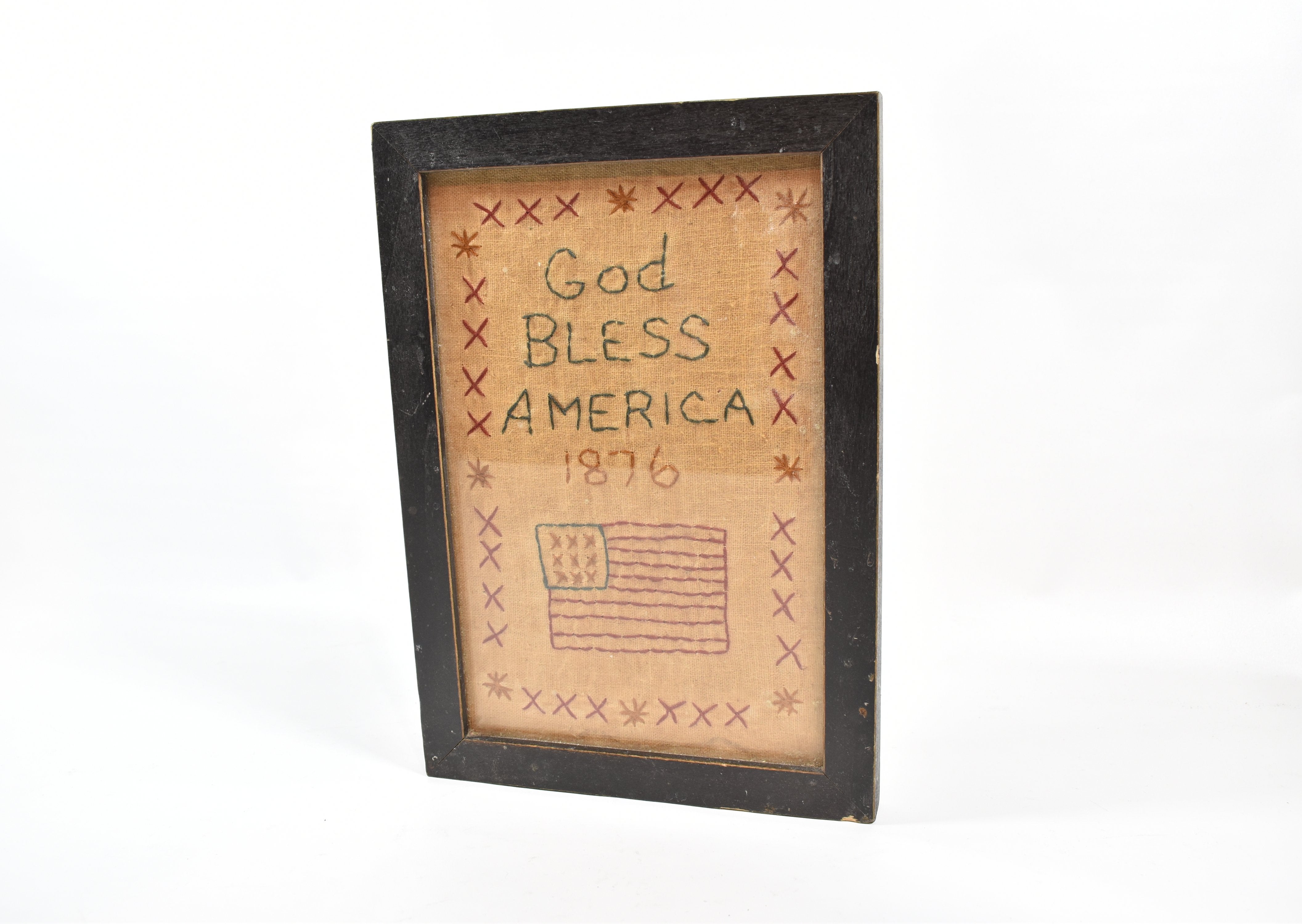 God Bless America 1876 American Stitched Cloth 2001 hand made Framed 10 x 7 Used
