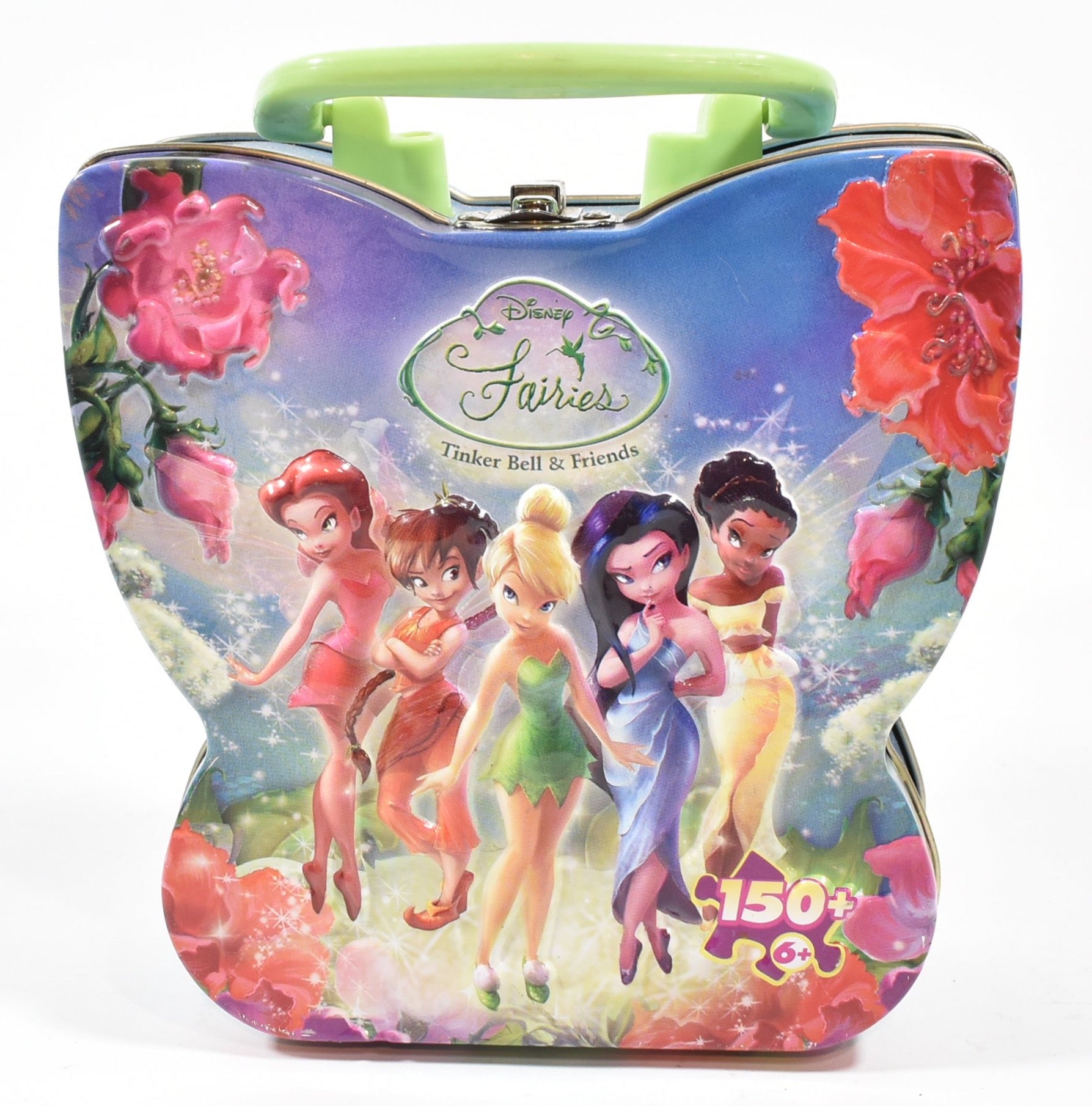 Fairies Tin Lunch Box Small Tinker bell and friends Used Sandwich holder NO Puzzles Included