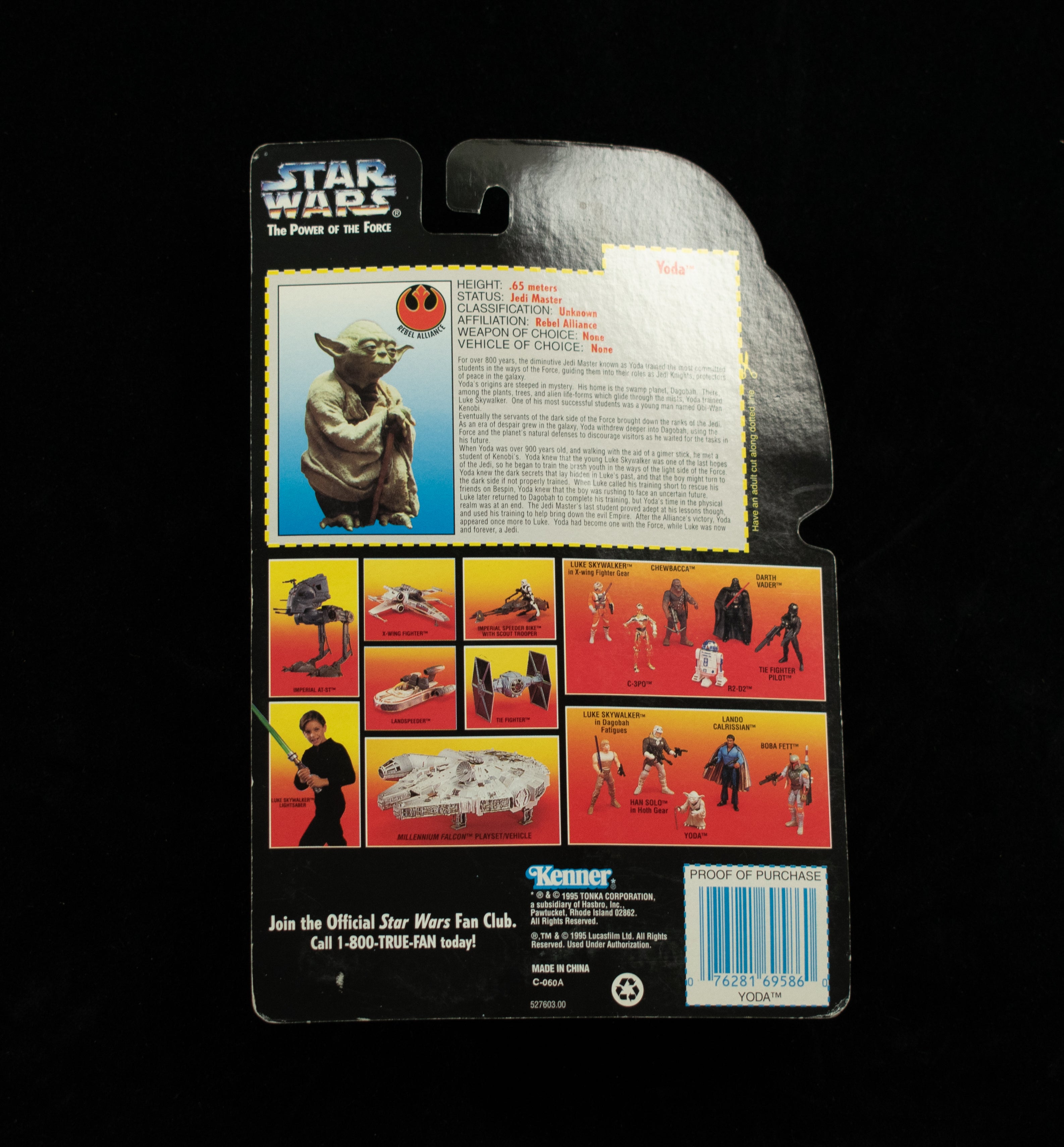 Yoda Jedi Trainer Back Pack Orange Card Star Wars Power of the Force Kenner
