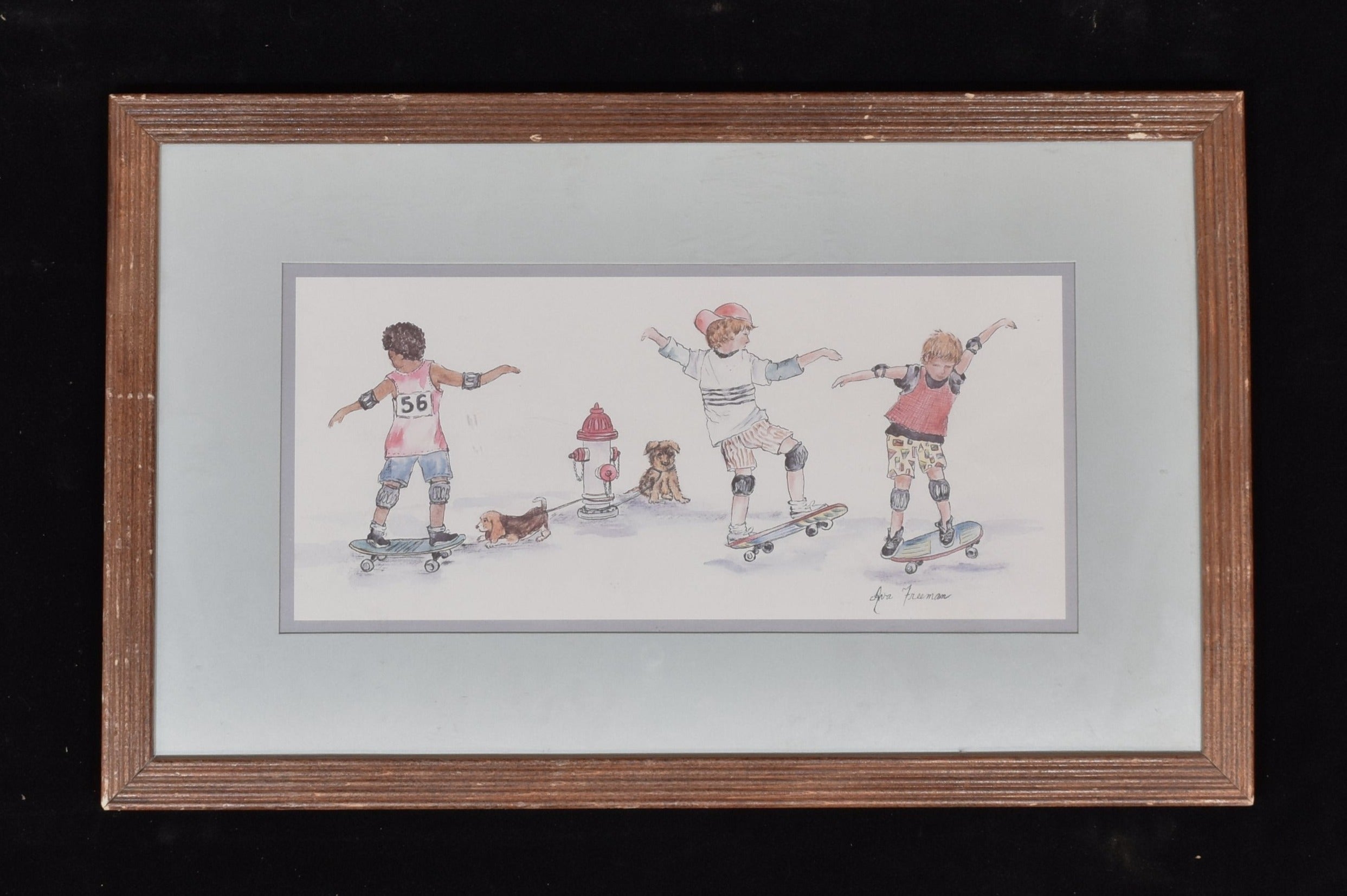Kids at play painting framed Ana Freeman Vintage Art 1980s