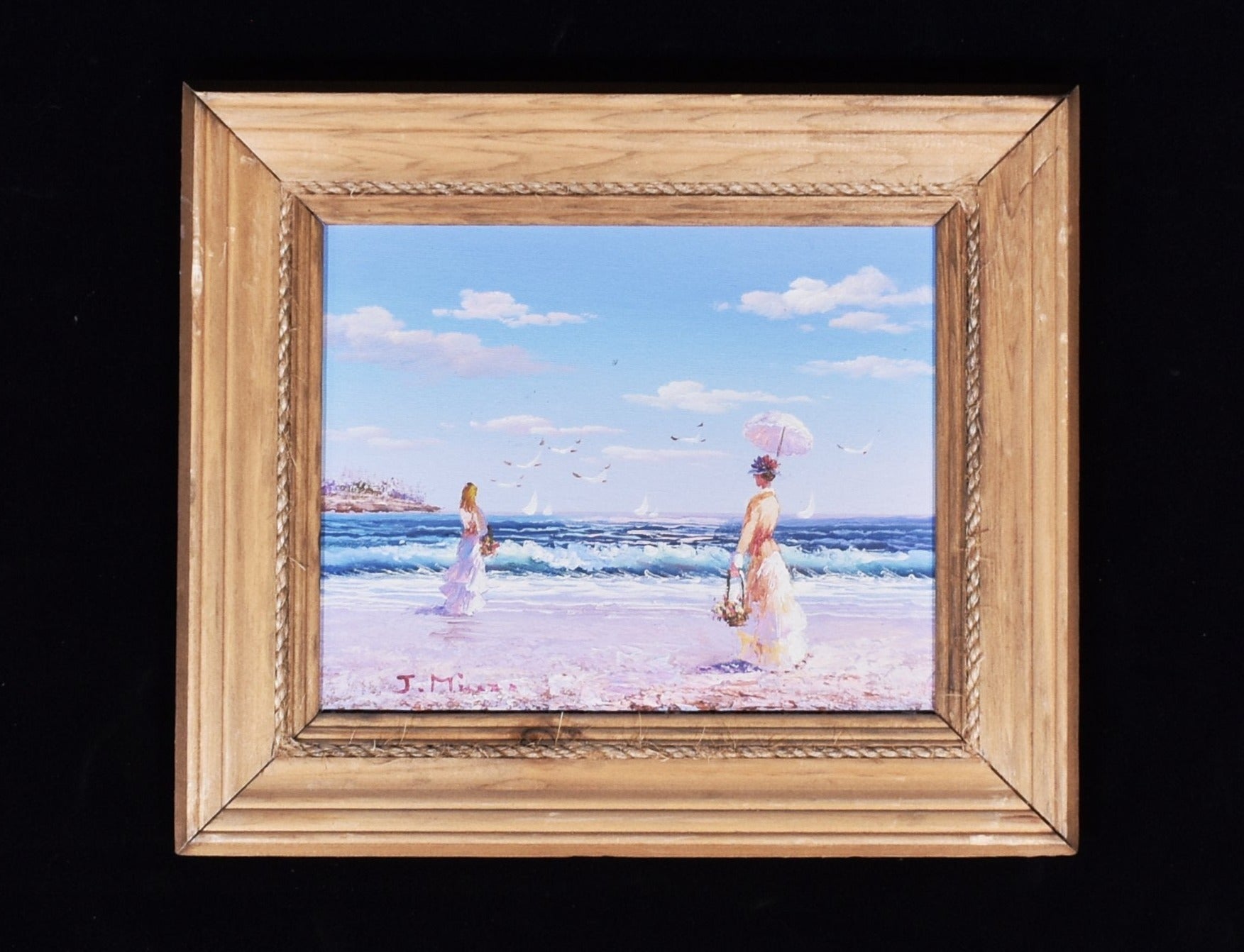 Hand painted beach scene framed painting J M 12 x 6 Authentic