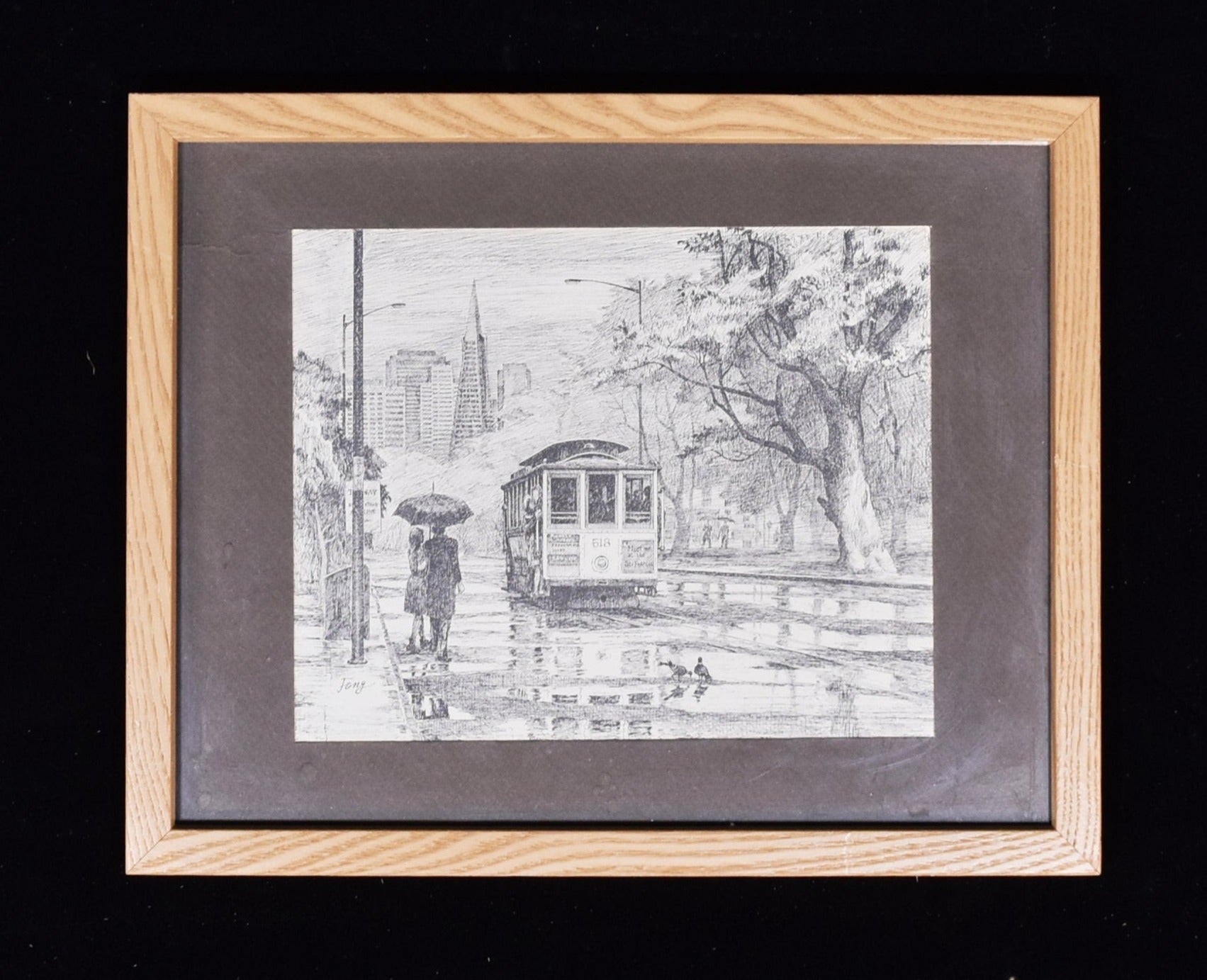 San Fransisco Sketching Fong framed Art work 12 x 15 Wood glass frame Original