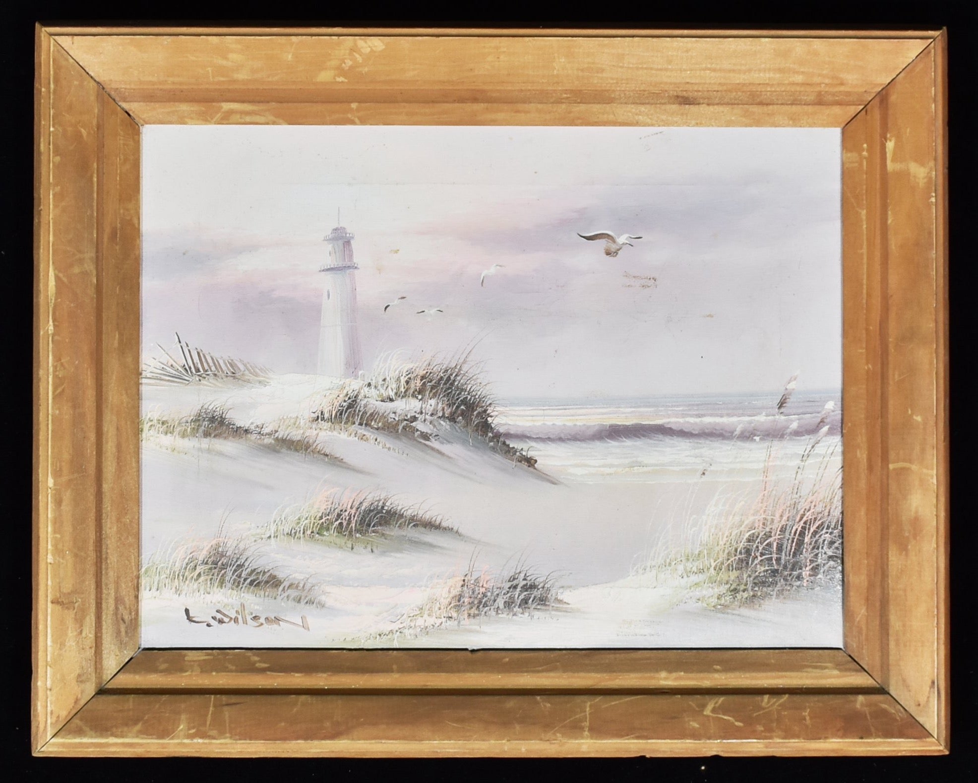Light house art work framed painting hand painted T Wilson on canvas