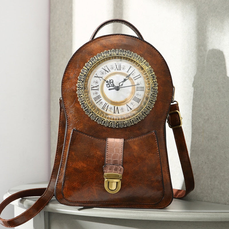 Retro Real Clock Movement Women Bags Leather Patchwork Embroidery Handbags Girls Shoulder Bags Cross Body Messenger Bag Handmade