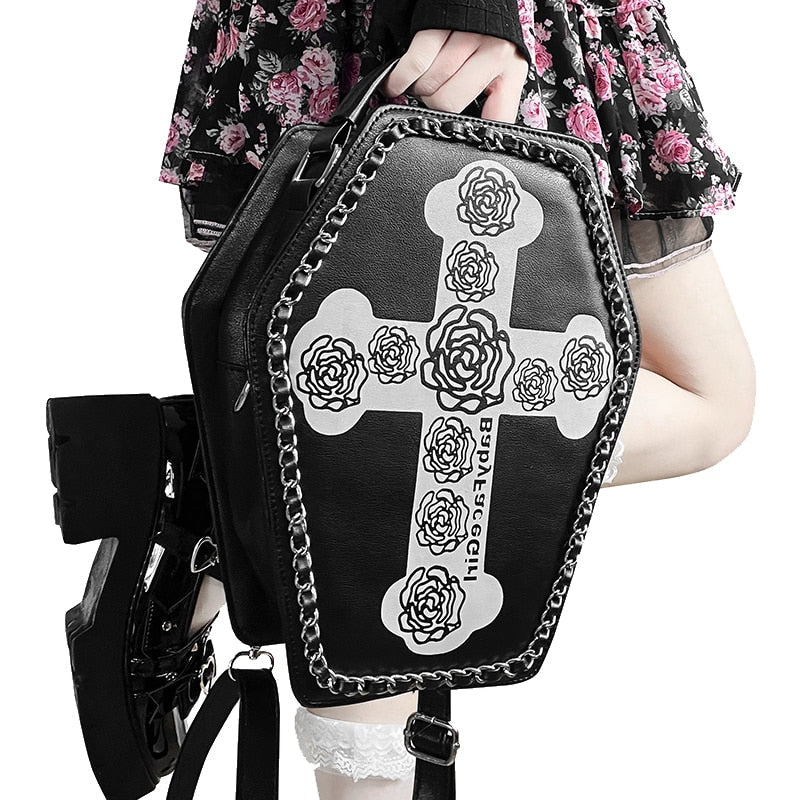 Gothic Coffin Shape Crossbody Flaps Women Punk Halloween Shoulder Bag Embroidered Cross Rose Lolita Ladies Cosplay Messenger Bag