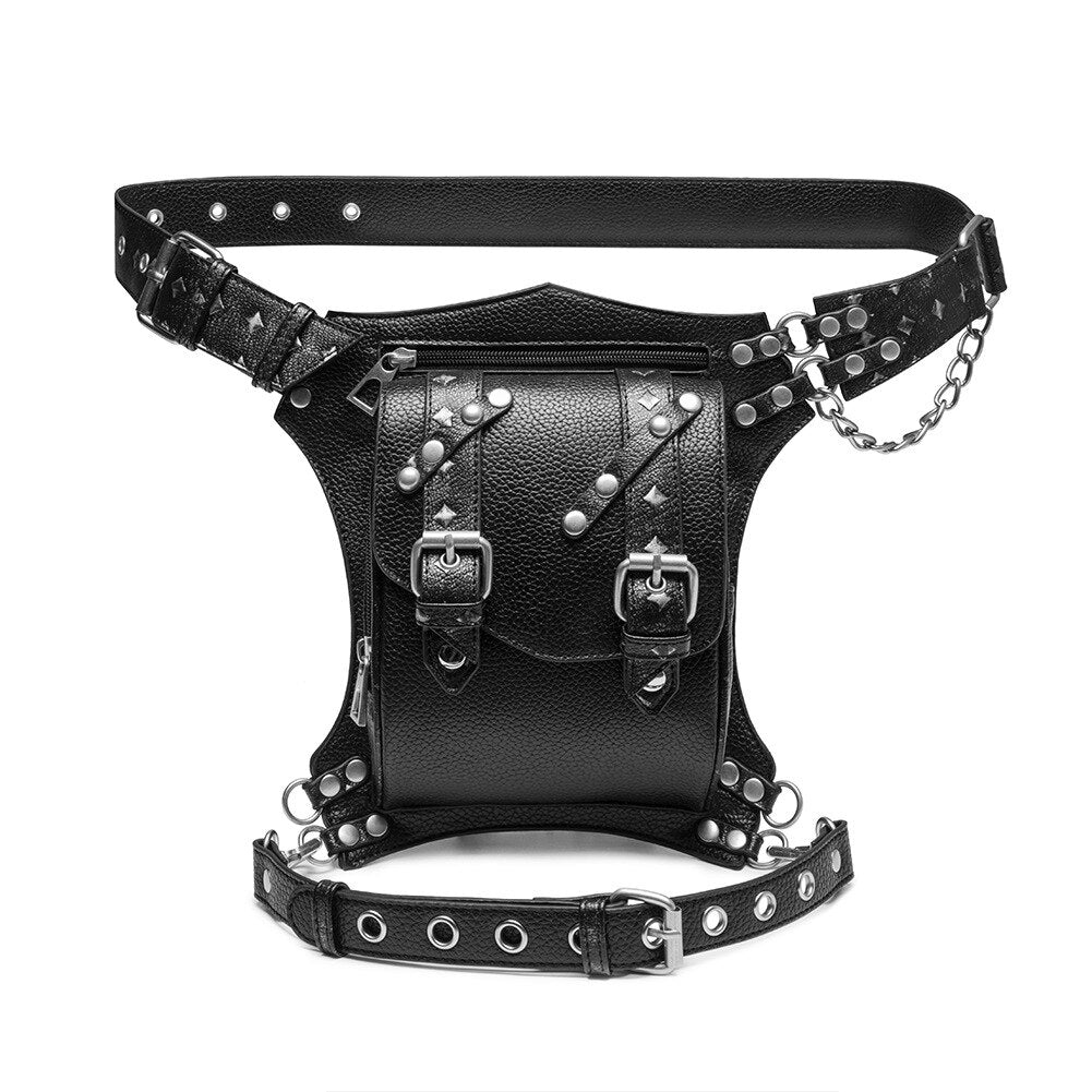 New Tassel Steampunk Waistbag for Women Punk Motorcycle Leg Bag Lady Black Retro Clothing Accessories Waist Bag Rivet Fanny Pack