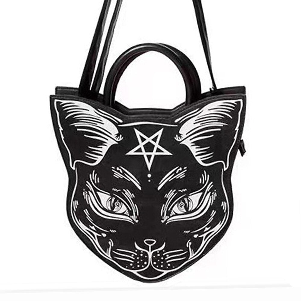 Gothic Pentacle Cat Purses And Handbags For Women Punk Harajuku Style Girls Shoulder Bags Black Top Handle Purse Fashion Totes
