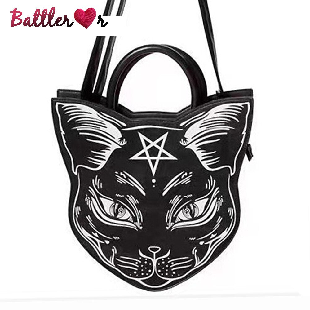 Dark Cartoon Cat Design Purses And Handbags For Women Punk Harajuku Style Girl Shoulder Bag Black Top Handle Purse Fashion Totes