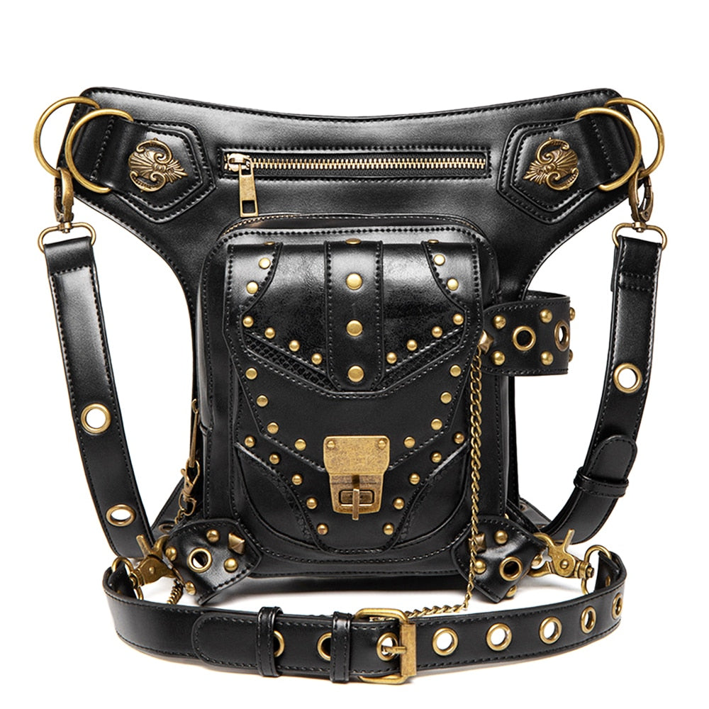 New Ladies Steampunk Waistbag Messenger Bag Retro Mujer Femme Women Hiking Waist Bag Male High Quality PU Leather Travel Leg Bag