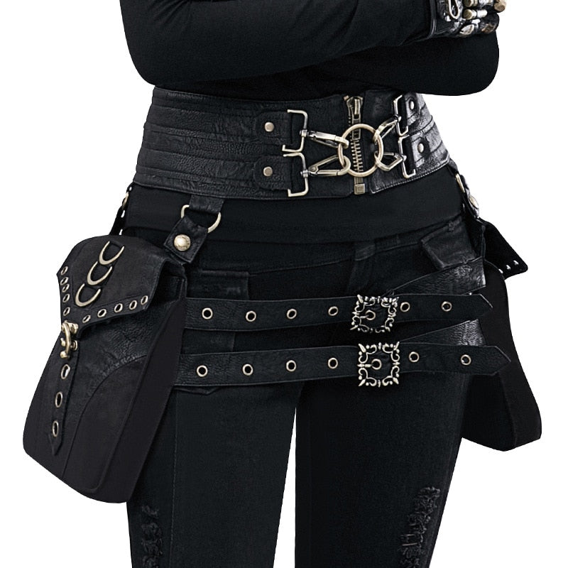 Hollow Out Lady Pockets Waistbag Women Messenger Bag Unisex Punk Hiking Waist Bag Men High Quality Skeleton Rivet Travel Leg Bag