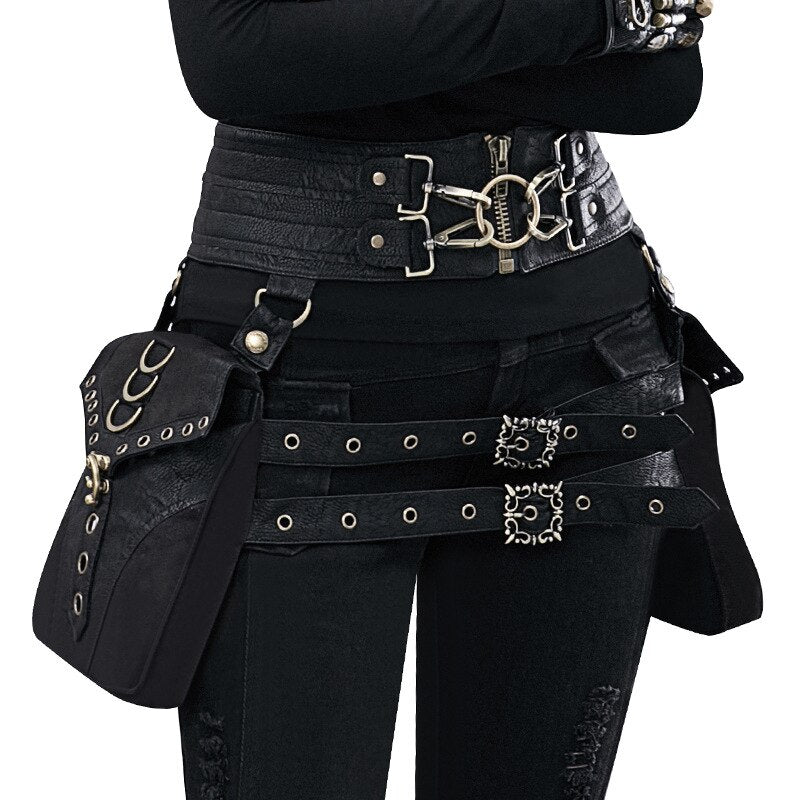 New Tassel Steampunk Waistbag for Women Punk Motorcycle Leg Bag Lady Black Retro Clothing Accessories Waist Bag Rivet Fanny Pack