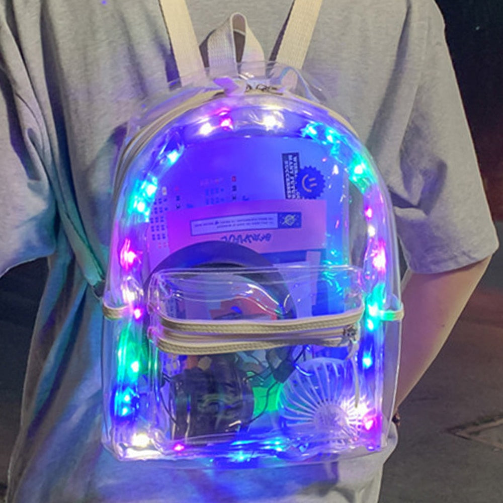 New LED Lights Unisex Backpack Transparent Clear Bagpack School Bag Cool Girl Boys Bag Lumious Night Outdoor Travel Bag Mochila