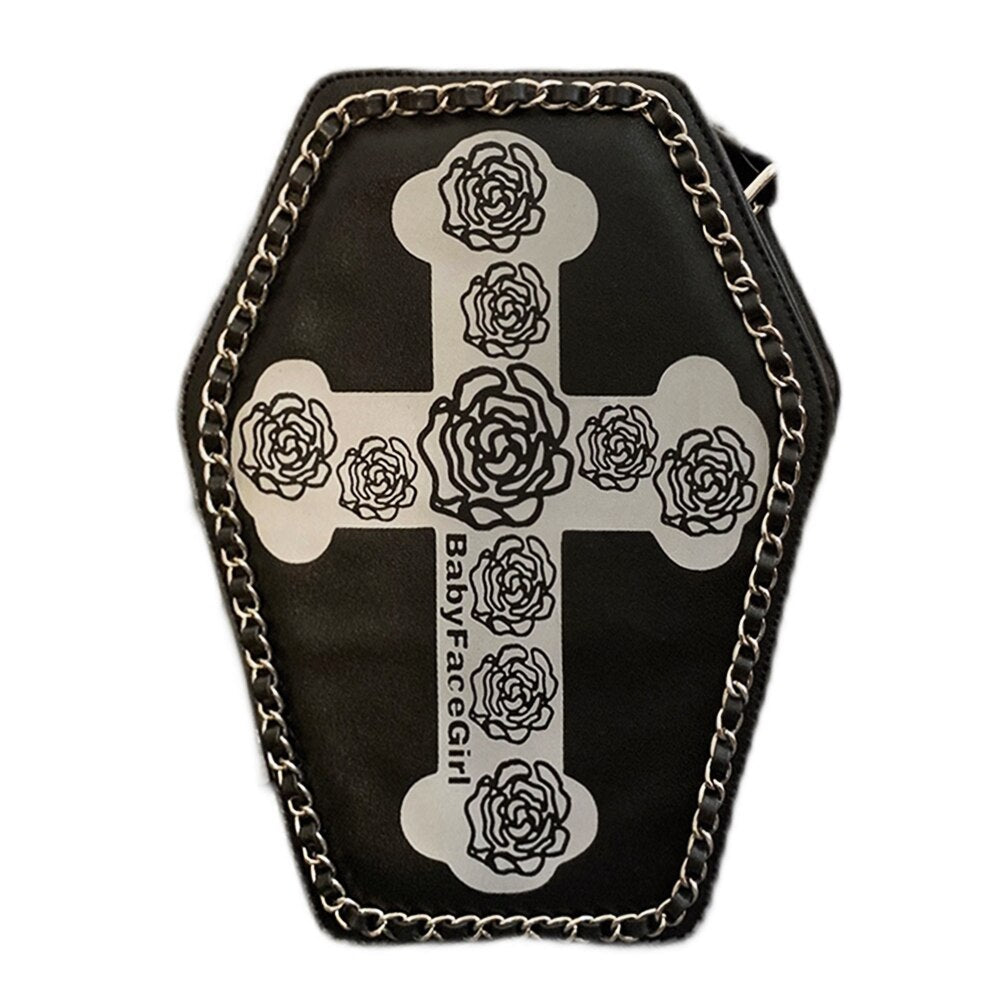 Gothic Coffin Shape Crossbody Flaps Women Punk Halloween Shoulder Bag Embroidered Cross Rose Lolita Ladies Cosplay Messenger Bag