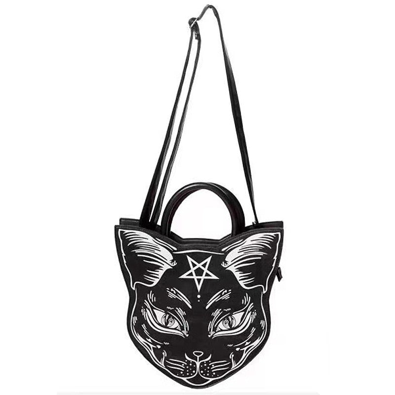 Dark Cartoon Cat Design Purses And Handbags For Women Punk Harajuku Style Girl Shoulder Bag Black Top Handle Purse Fashion Totes