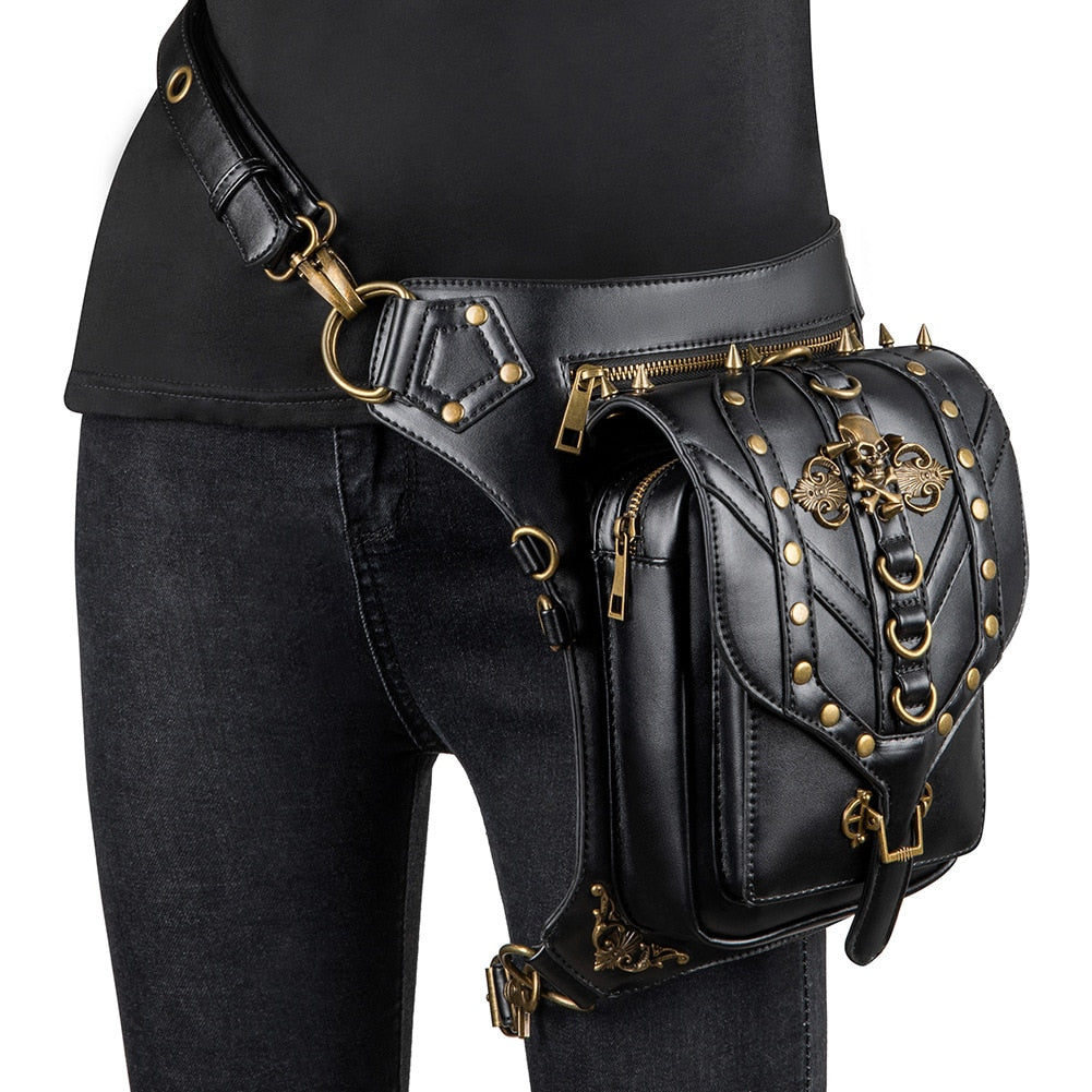 New Tassel Steampunk Waistbag for Women Punk Motorcycle Leg Bag Lady Black Retro Clothing Accessories Waist Bag Rivet Fanny Pack