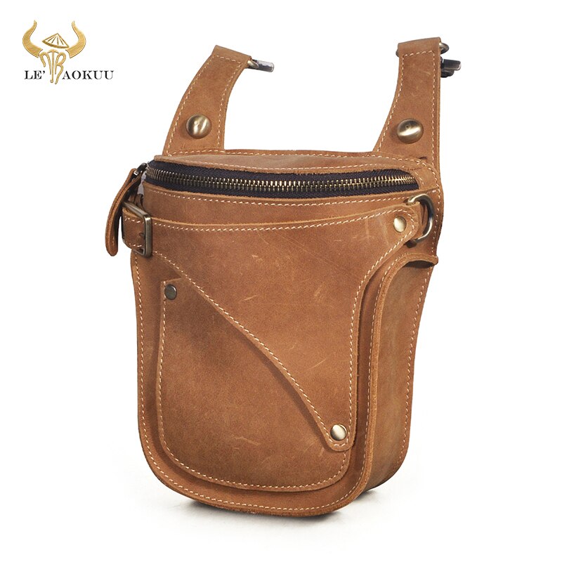 Unisex Fashion Crazy Horse Quality Leather 7" Motorcycle Riding Drop Leg Bag Design Travel Fanny Belt Waist Pack Case 9326-d