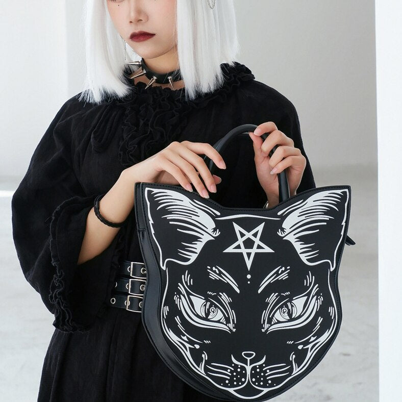 Dark Cartoon Cat Design Purses And Handbags For Women Punk Harajuku Style Girl Shoulder Bag Black Top Handle Purse Fashion Totes
