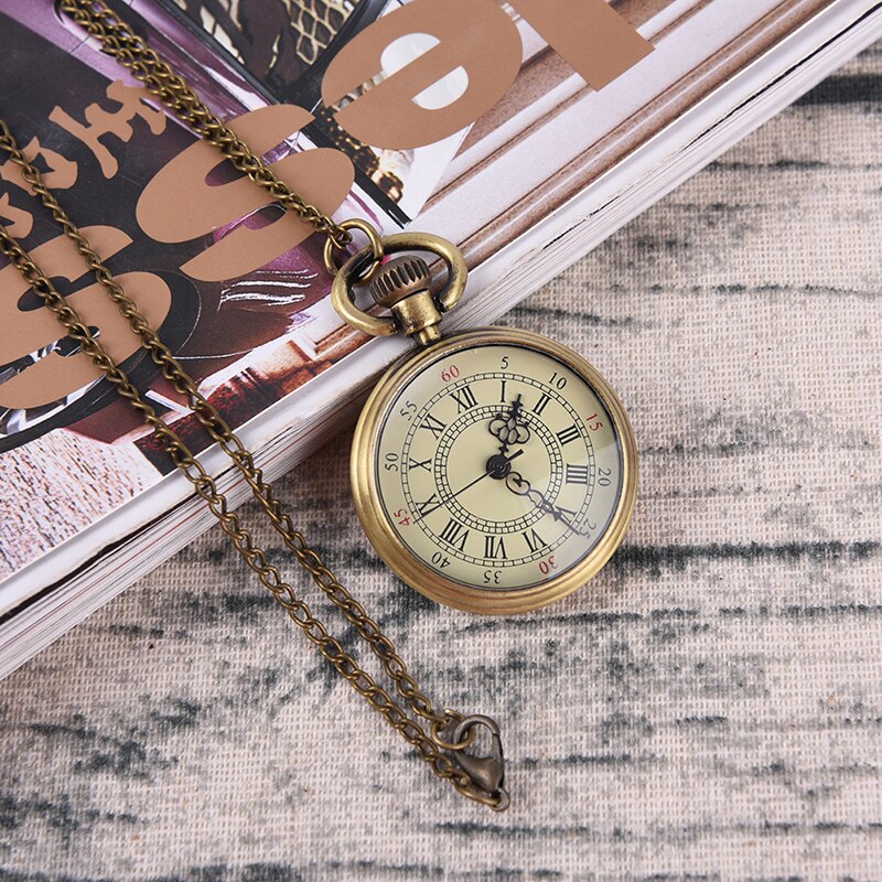 Pocket Watch Necklace Pendant Vintage Simple Style Steampunk Beige Dial Roman # 1 Inch