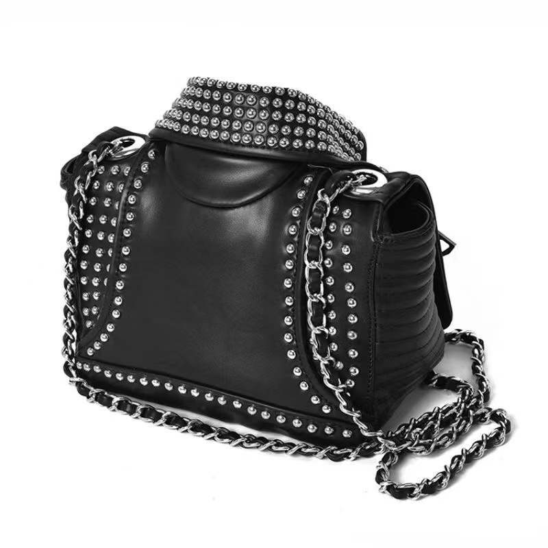 Luxury Designers Women Leather Bags Handicraft Rivet Jacket Punk Style Messenger Bags Ladies Shoulder Crossbody Bag Gold Silver