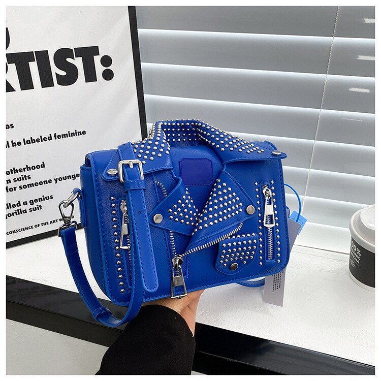New European Brand Designer Bags Chain Motorcycle Women Clothing Shoulder Messenger Bag Women Rivet Jacket Flaps Leather Handbag