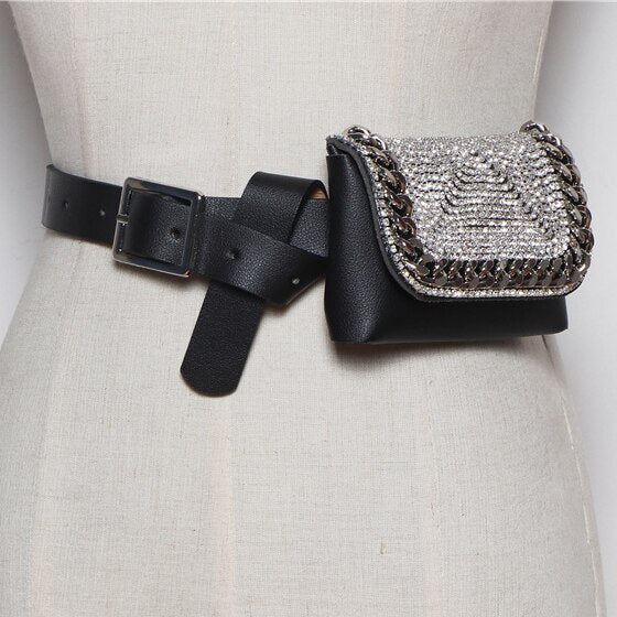 Mini Waist Packs Women Diamonds Rhinestone Waist Belt With Money Bag PU Leather Liptstick Coin Key Street Female Fanny Pack