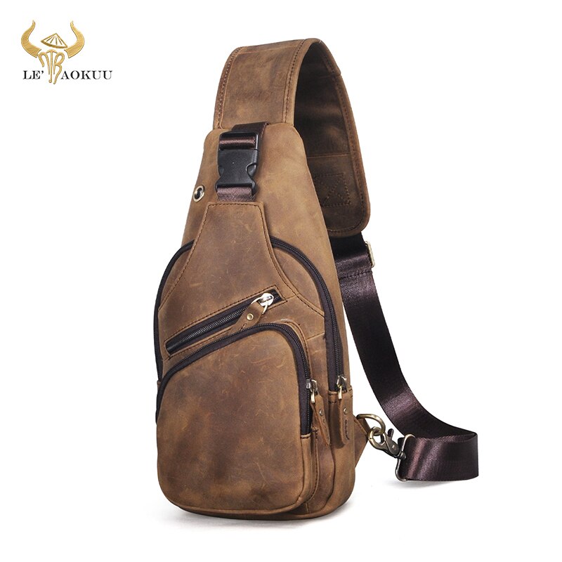 Hot Sale Soft Genuine Leather Fashion Triangle Sling Chest Bag For Men Female 8" Tablet Design One Shoulder Cross body Bag 8015