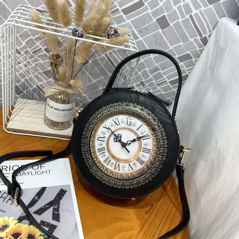 Retro Real Clock Movement Women Bags Leather Patchwork Embroidery Handbags Girls Shoulder Bags Cross Body Messenger Bag Handmade