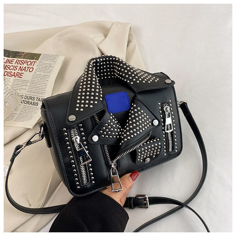 New European Brand Designer Bags Chain Motorcycle Women Clothing Shoulder Messenger Bag Women Rivet Jacket Flaps Leather Handbag