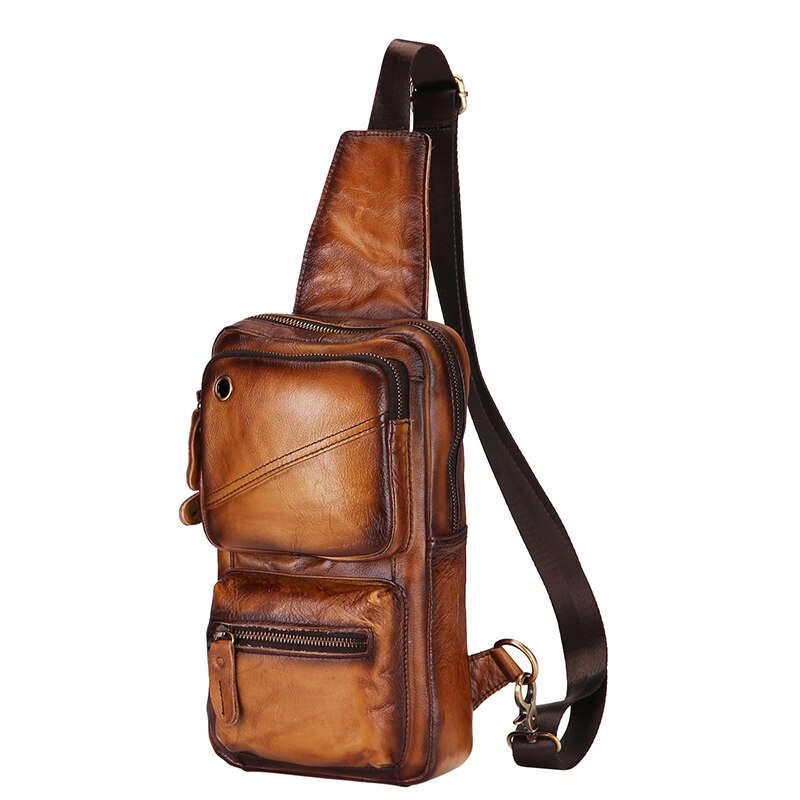 New Hot Sale Genuine Grain Leather Triangle Sling Chest Bag 8" Tablet Design One Shoulder Strap Cross-body Bag For Men Male 8020