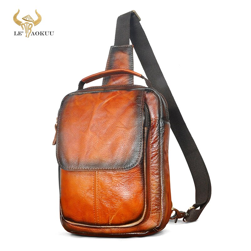 Full Grain Leather Fashion Triangle Chest Sling Bag 8" Tablet Travel Design Tote One Shoulder Cross body Bag For Men Male 20154