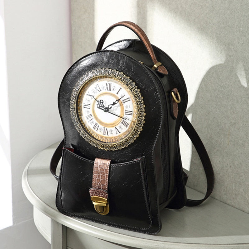 Retro Real Clock Movement Women Bags Leather Patchwork Embroidery Handbags Girls Shoulder Bags Cross Body Messenger Bag Handmade