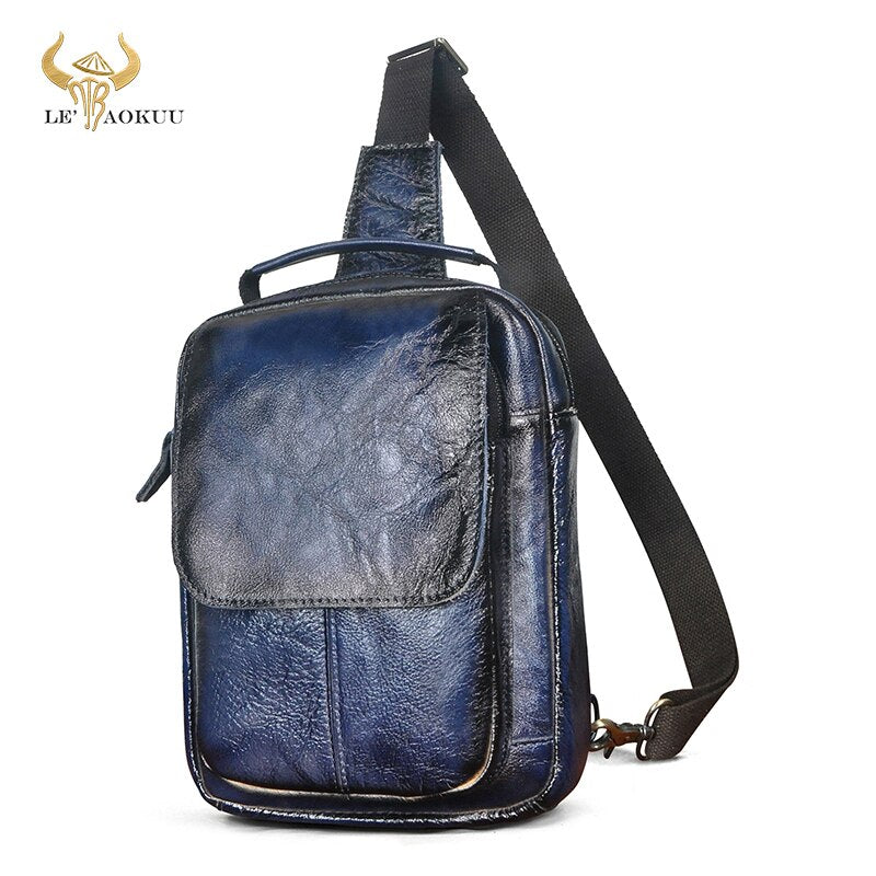 Full Grain Leather Fashion Triangle Chest Sling Bag 8" Tablet Travel Design Tote One Shoulder Cross body Bag For Men Male 20154