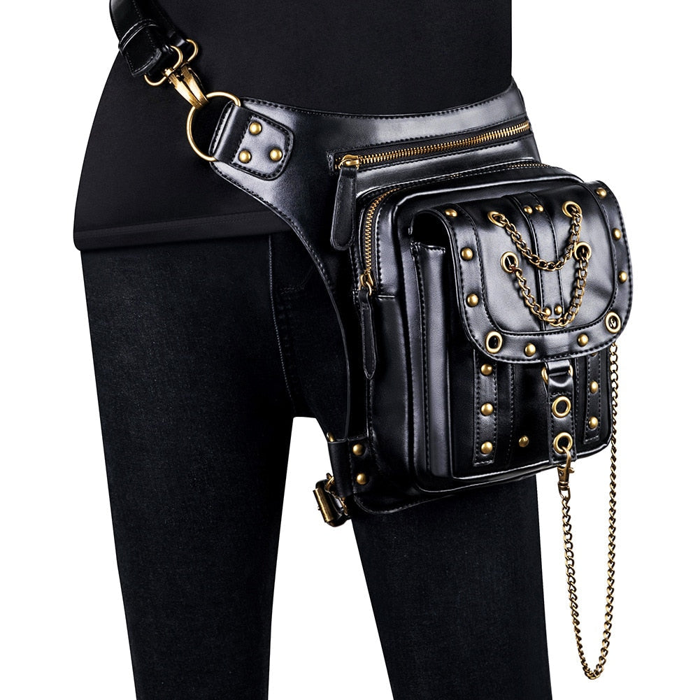 New Ladies Steampunk Waistbag Messenger Bag Retro Mujer Femme Women Hiking Waist Bag Male High Quality PU Leather Travel Leg Bag