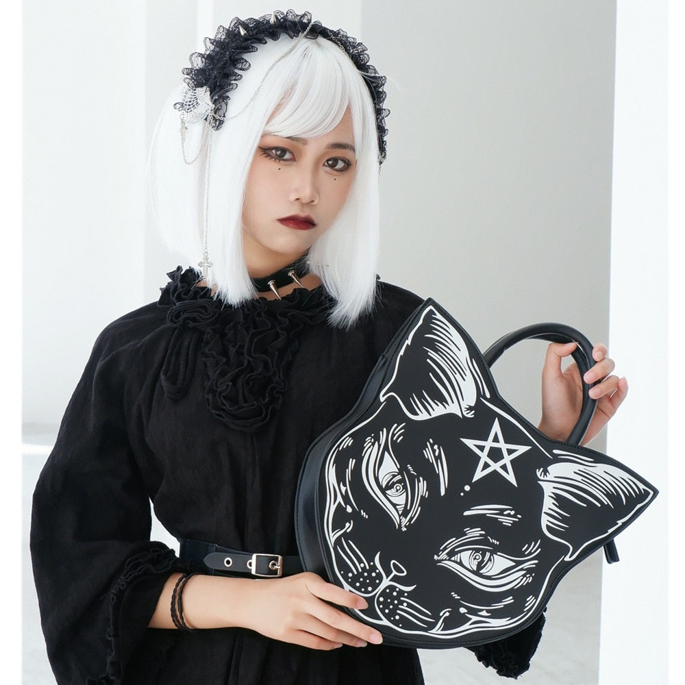Dark Cartoon Cat Design Purses And Handbags For Women Punk Harajuku Style Girl Shoulder Bag Black Top Handle Purse Fashion Totes